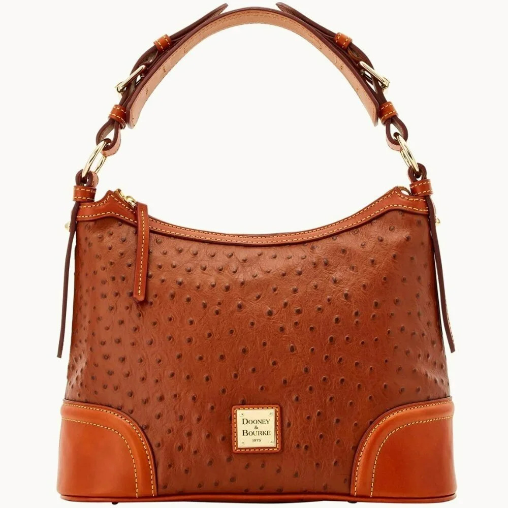 Dooney & Bourke Ostrich Hobo Shoulder Bag Brown Leather Gold Hardware Pockets